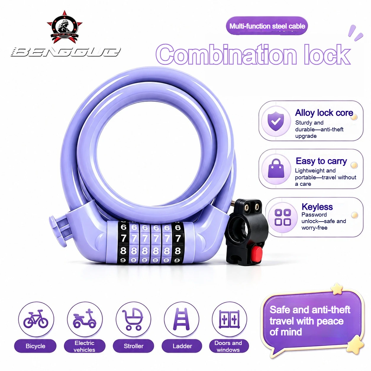 BENGGUO Bicycle Steel Cable Lock Road Bicycle Anti-Theft 6 Digit Combination ABS Code Wheels and PVC Encasement Bike Accessories
