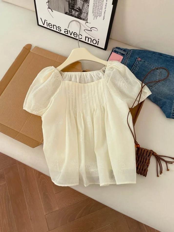

Summer Floral Short Sleeve Shirt Women's Unique Personality Pleated Top Korean Style Loose Fit Cotton Bubble Sleeve Blouse