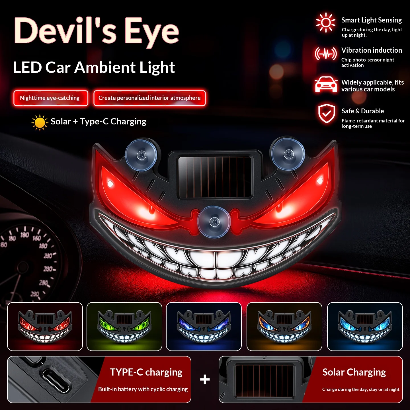Solar-powered Car Dynamic Demonic Eye LED Expression Light Warning Light Truck-mounted Demonic Eye Lamp