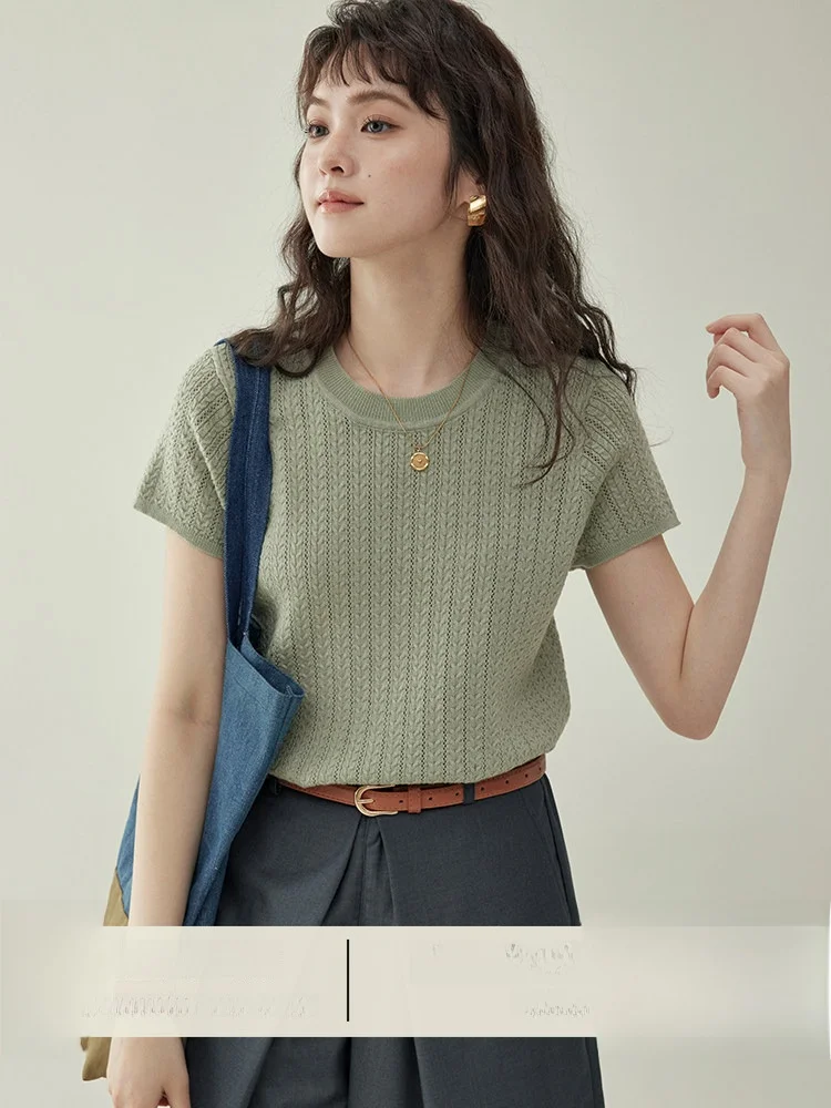 

AMUU North Island Mint Wave Green round Neck Knitted Top Women's Summer Thin Hollow Short Sleeve T-Shirt Casual Loose Fit
