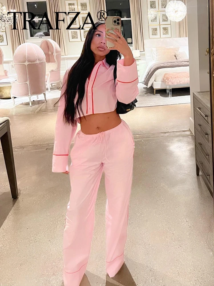 TRAFZA 2024 Summer Fashion Pink Suit Causal Lapel Long Sleeves Short Shirt Elastic Waist Straight Long Pant Female Sweet Suit