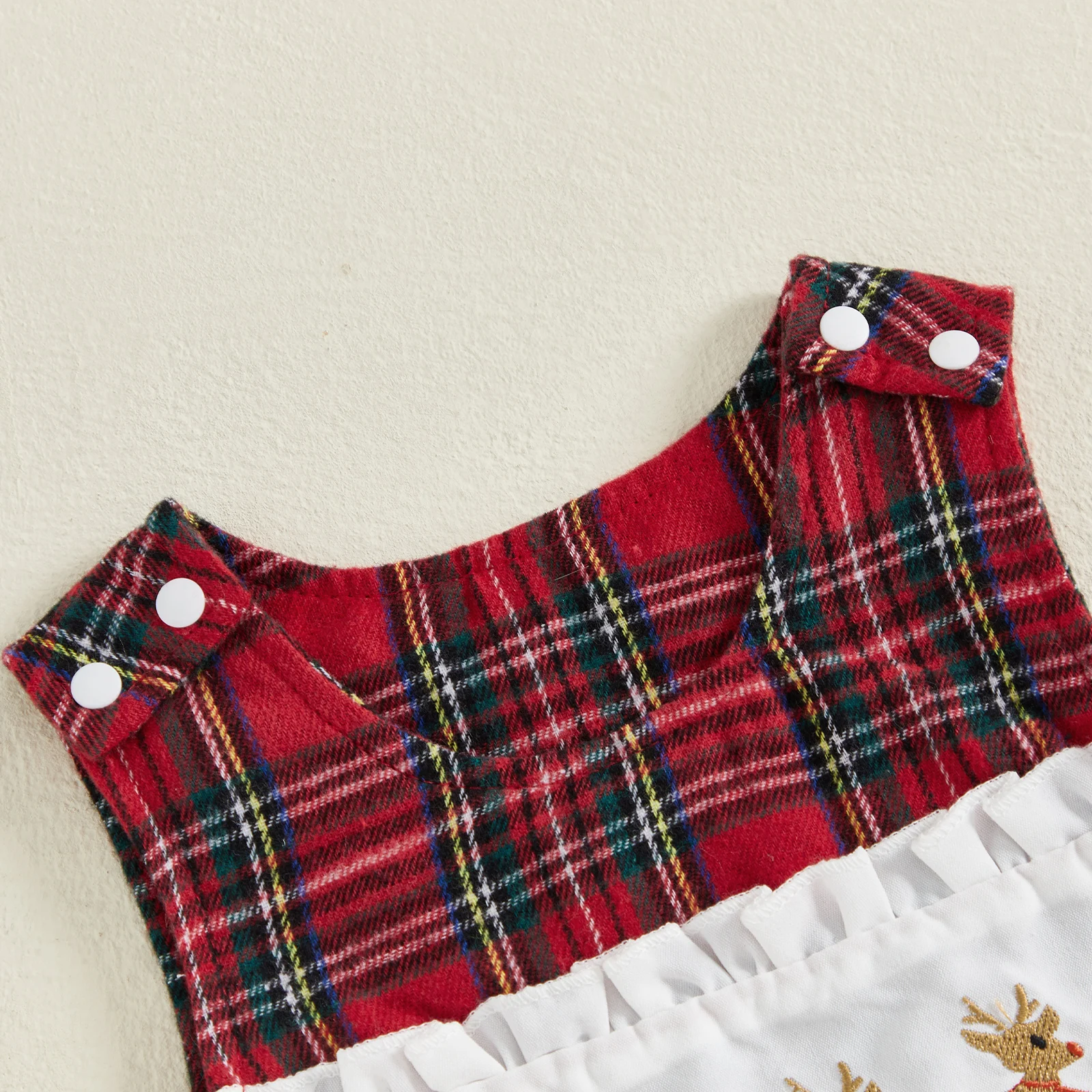 

0-18M Newborn Baby Girl Plaid Romper Christmas Santa Claus and Elk Embroidery Round Neck Sleeveless Bow Infant Jumpsuit
