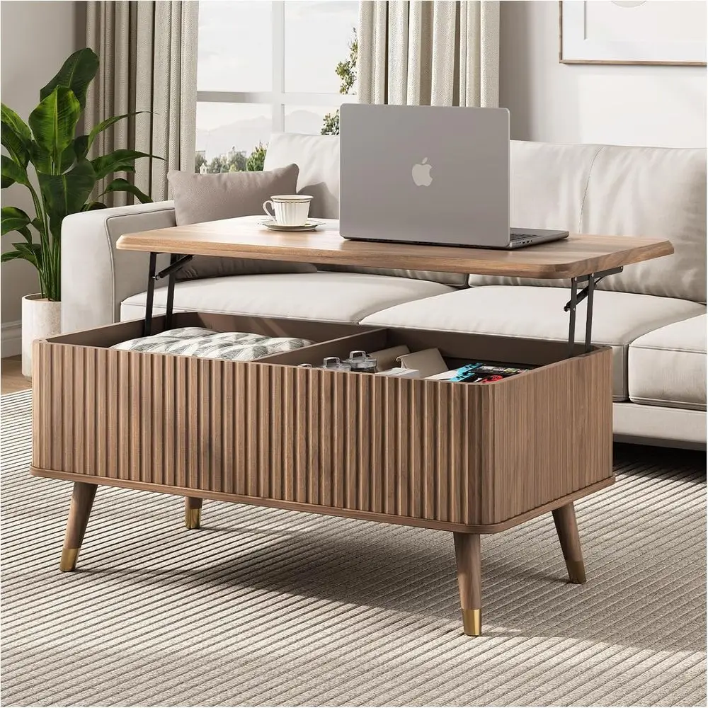 Lit Top Coee Table with Storage, Century ern luted Wood Design,-Up Walnut Center Table with Hidden Comparent or Living Room & Ho