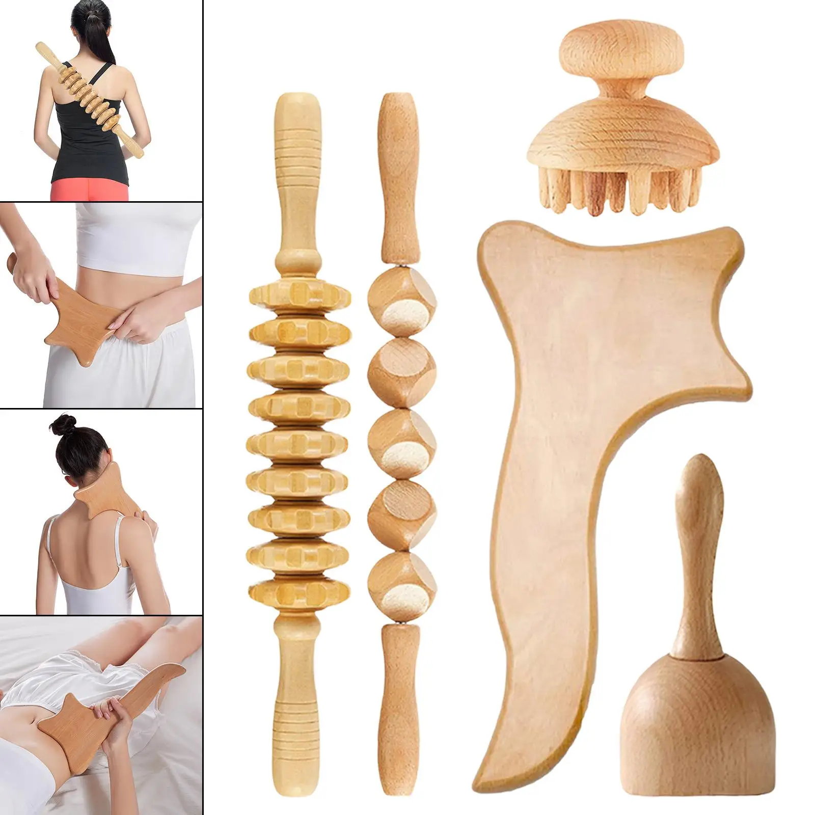 5 Count Wooden Massager Kit Manual for Drainage, to Release Cellulite