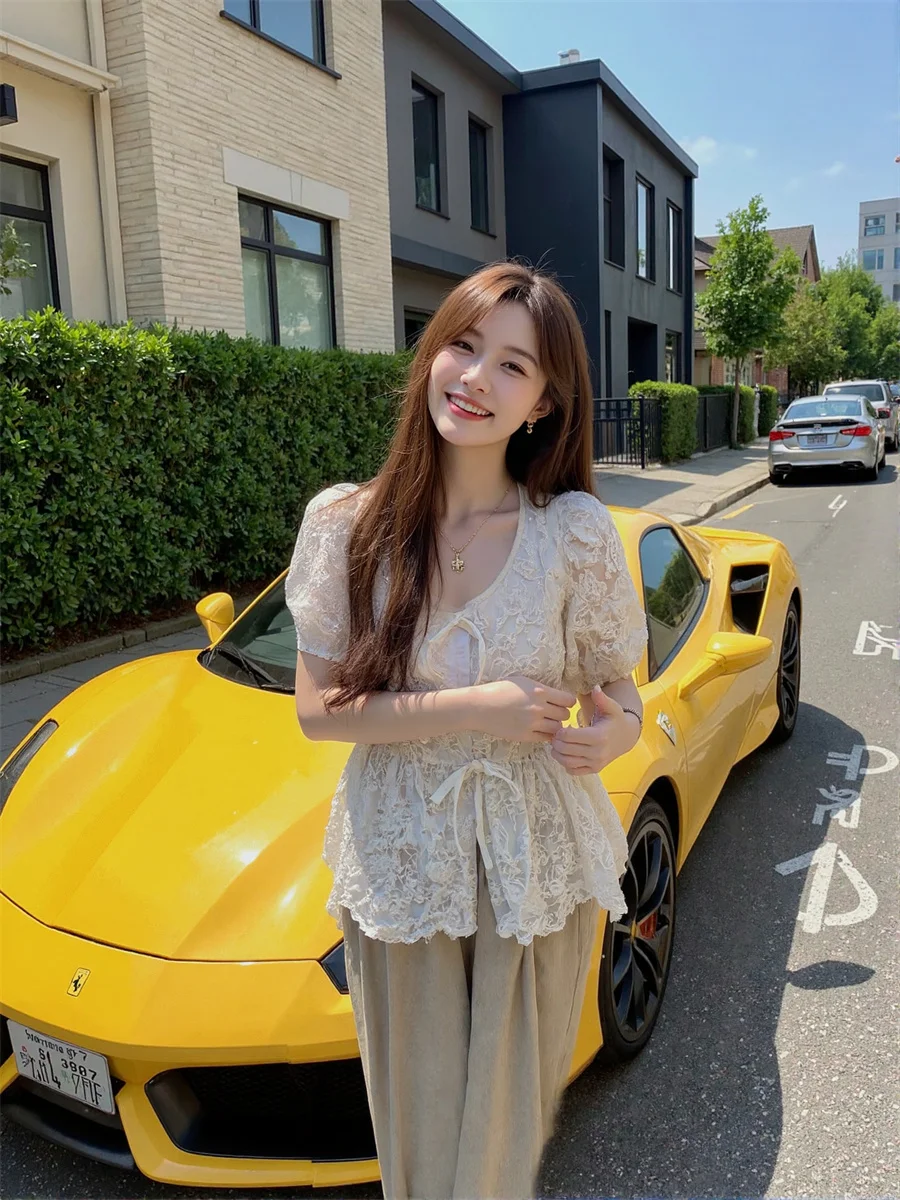 Chemisiers à manches bouffantes et col rond pour femme, haut élégant, populaire d'hiver, ajouré, sans manches, boucles solides, dos soigné, école, respirant