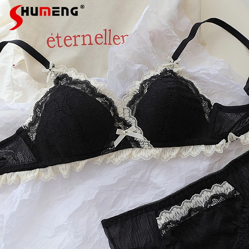 

French Lace Trim Bra Set for Girls Thin Cup Small Chest Push Up Intimates Women's Japanese Style Wireless Sexy Brief Suits