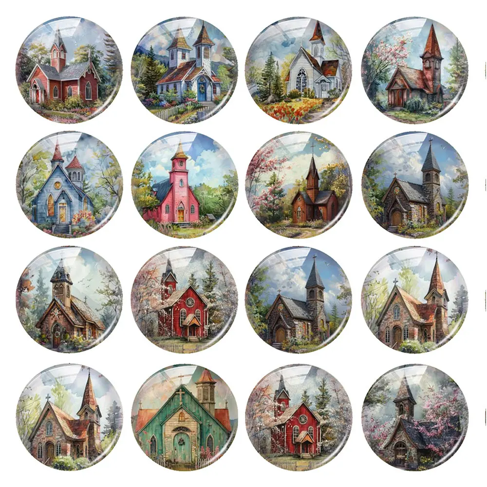 Random Mixed Round/Oval/Square American Rural Small Church Photo Glass Cabochon Flatback Demo Cameo For Diy Jewelry Making