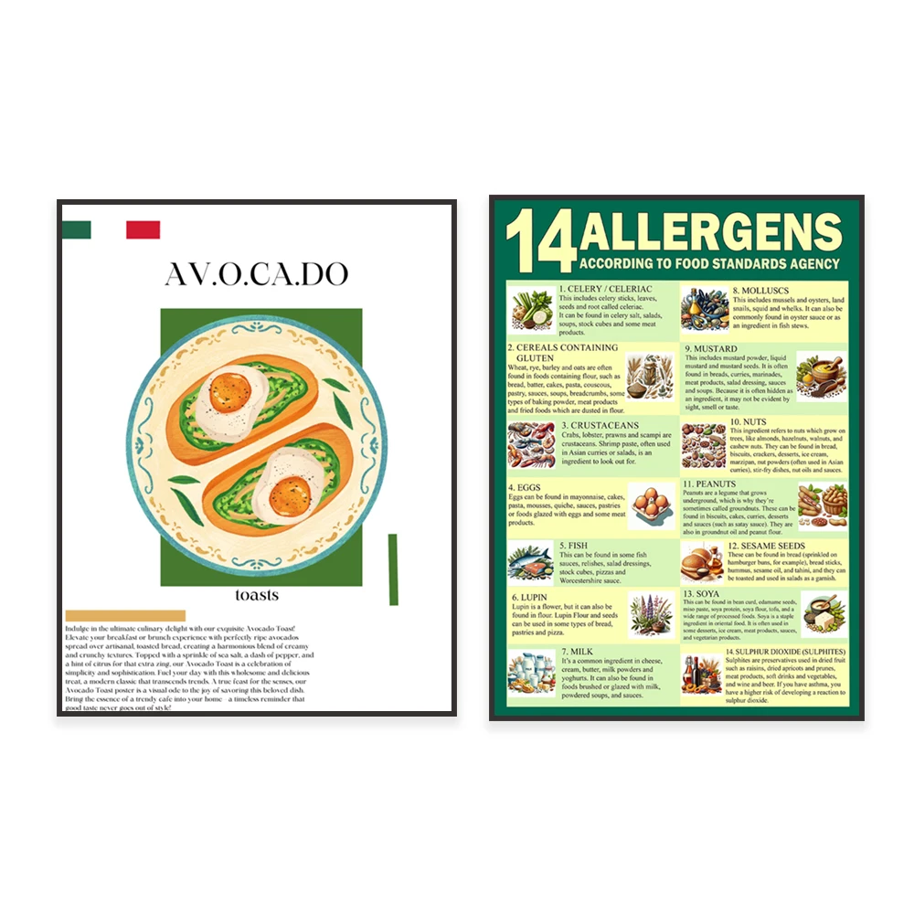 14 allergens food standards, health and safety poster, avocado toast print, mexican food, breakfast art, kitchen poster,