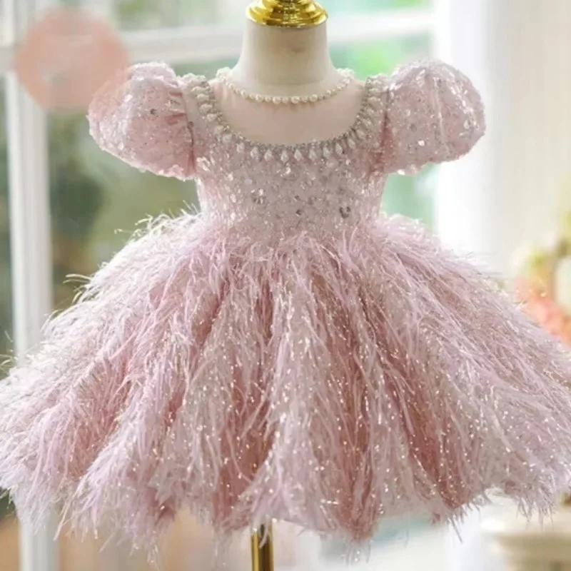 Kids Princess Dress Girls Party Gown Sequined Puff Sleeve Pearl Neckline Fluffy Skirt Formal Wear Performance Outfit Birthday C
