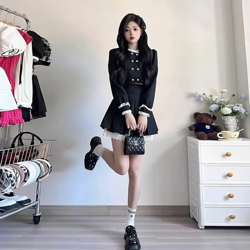 UNXX Autumn New Elegant Two Piece Skirt Set Women Button Pleated Y2K Mini Skirt Suit Female Casual Korean Fashion Designer Sets