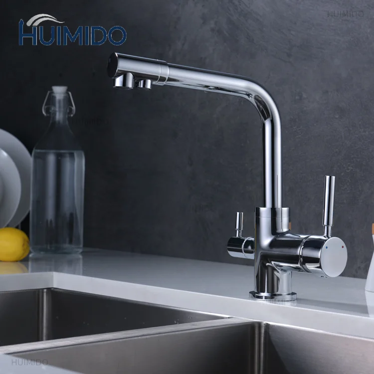 Modern Kitchen Countertop Stainless Steel Faucet Water Filter Activated Carbon Double Handle Hot and Cold Water 360 Degre