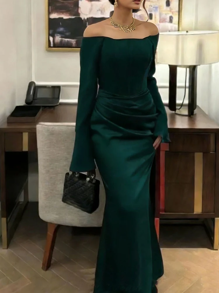 فستان سهرة أنيق جديد للربيع والصيف بخصر مرتفع وتصميم ملفوف حول الورك، فستان سهرة مثير بكتف واحد مع طيات، فستان حفلات أنيق بلون موحد من الساتان