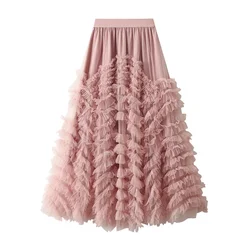 Fashionable Tiered Tulle Maxi Skirt for Women 2024 New Elegant High Street A Line High Waist Mesh Long Skirt Female Pink