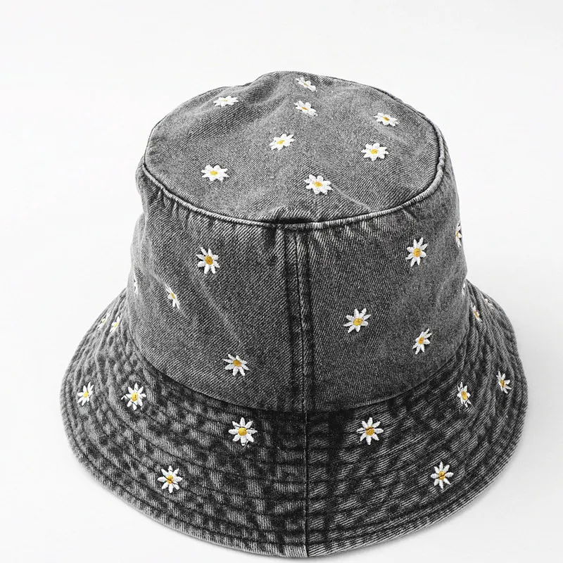 2023 Spring Denim Cartoon Flower Embroidery Bucket Hat Fisherman Hat Outdoor Travel Sun Cap For Girl And Women 158