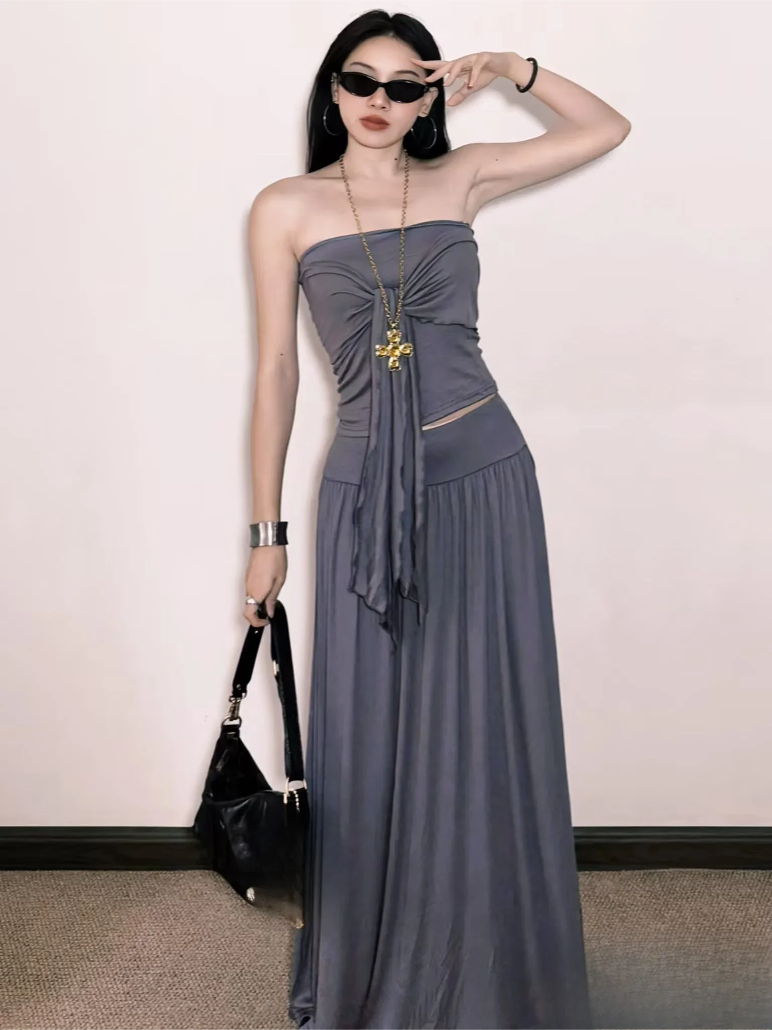 

KONDALA Элегантные женские сексуальные тонкие юбки, комплект из жилета без бретелек на шнуровке, плиссированная юбка миди, весна-осень 2021, мода Mujer Date Se