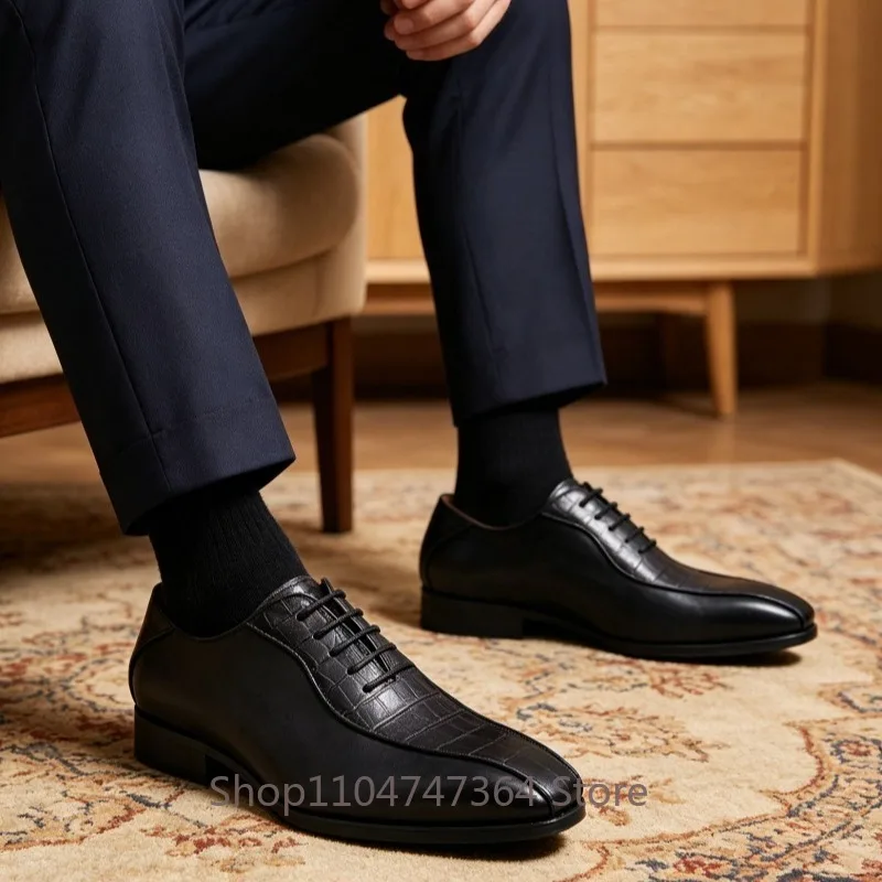 Designer Fashion Cow Leather Splicing Crocodile Pattern Dress Leather Shoes Men's Square Toe Business Oxfords Genuine Leather