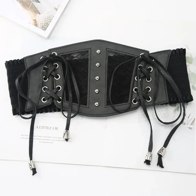 1pc Lace Patchwork Black Belts Corset Female Goth High Waist Corsets Harajuku Vintage Mesh See Through Waist Shaper Cummerbunds