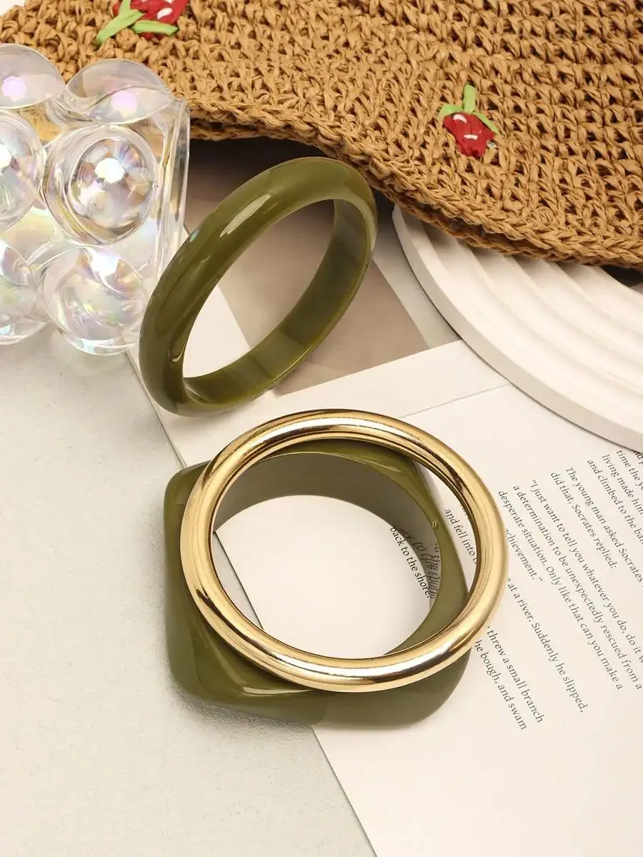 

3pcs Exaggerated Asymmetric Green Acrylic Bangles, Gold Tone Round, Versatile Stylish Women Bracelet