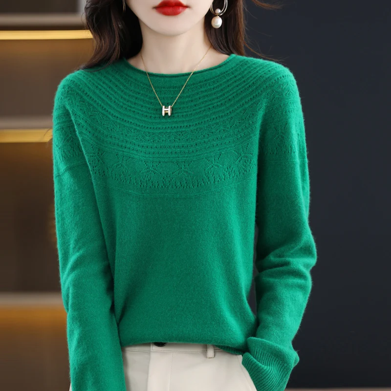 

Woolen Sweater with Hollowed out Round Neck Shoulder Sweater 2024 Women's Autumn and Winter New Fashion Commuting Knitted Top