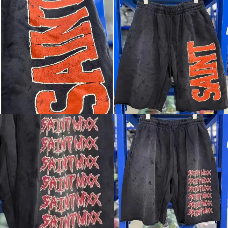 

2026 New SAINT Men's Black Washed Shorts Retro SAINT Letter Logo Casual Streetwear Sweat Shorts Fast Delivery