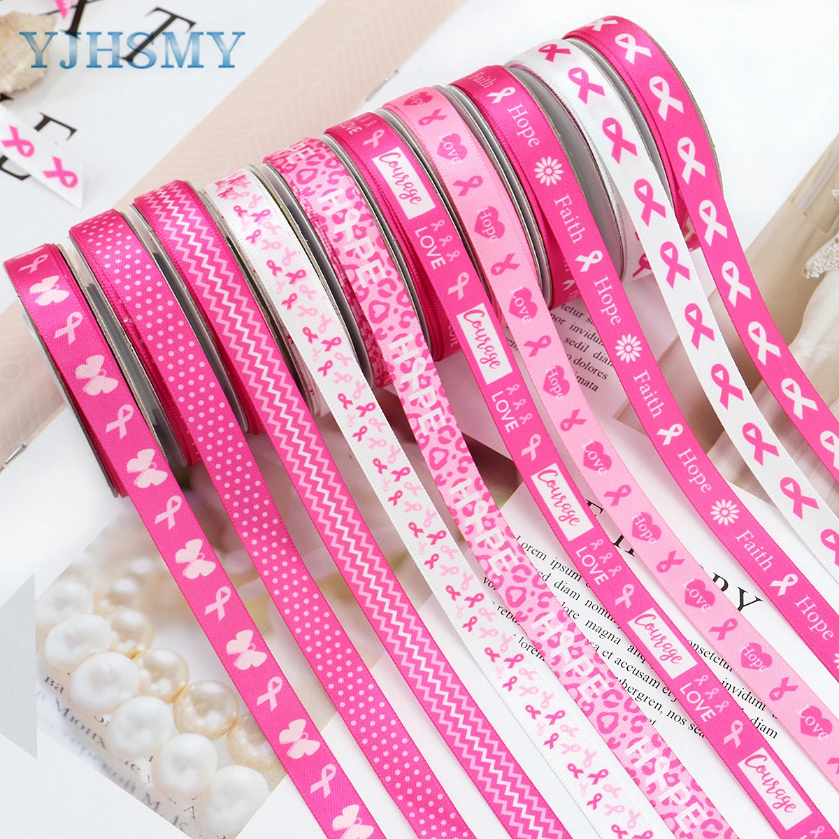 3/8 Inch Satin Ribbon Breast Cancer Awareness Pink Ribbon for DIY Crafts Gifts Wrapping Party Decoration, White, Pink, Rose Pink