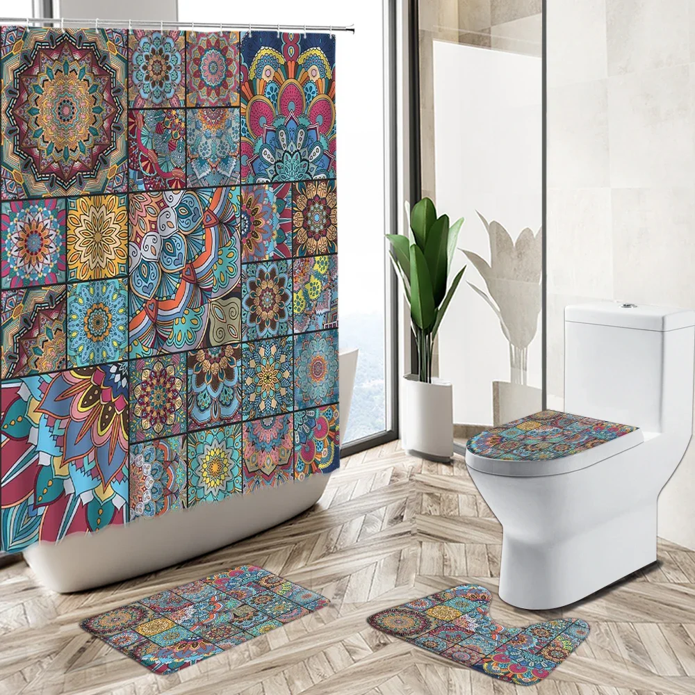 Indian Bohemian Geometric Bloom Print Waterproof Shower Curtain Set Color Art Bathroom Non-Slip Rug Toilet Lid Cover Bath Mat