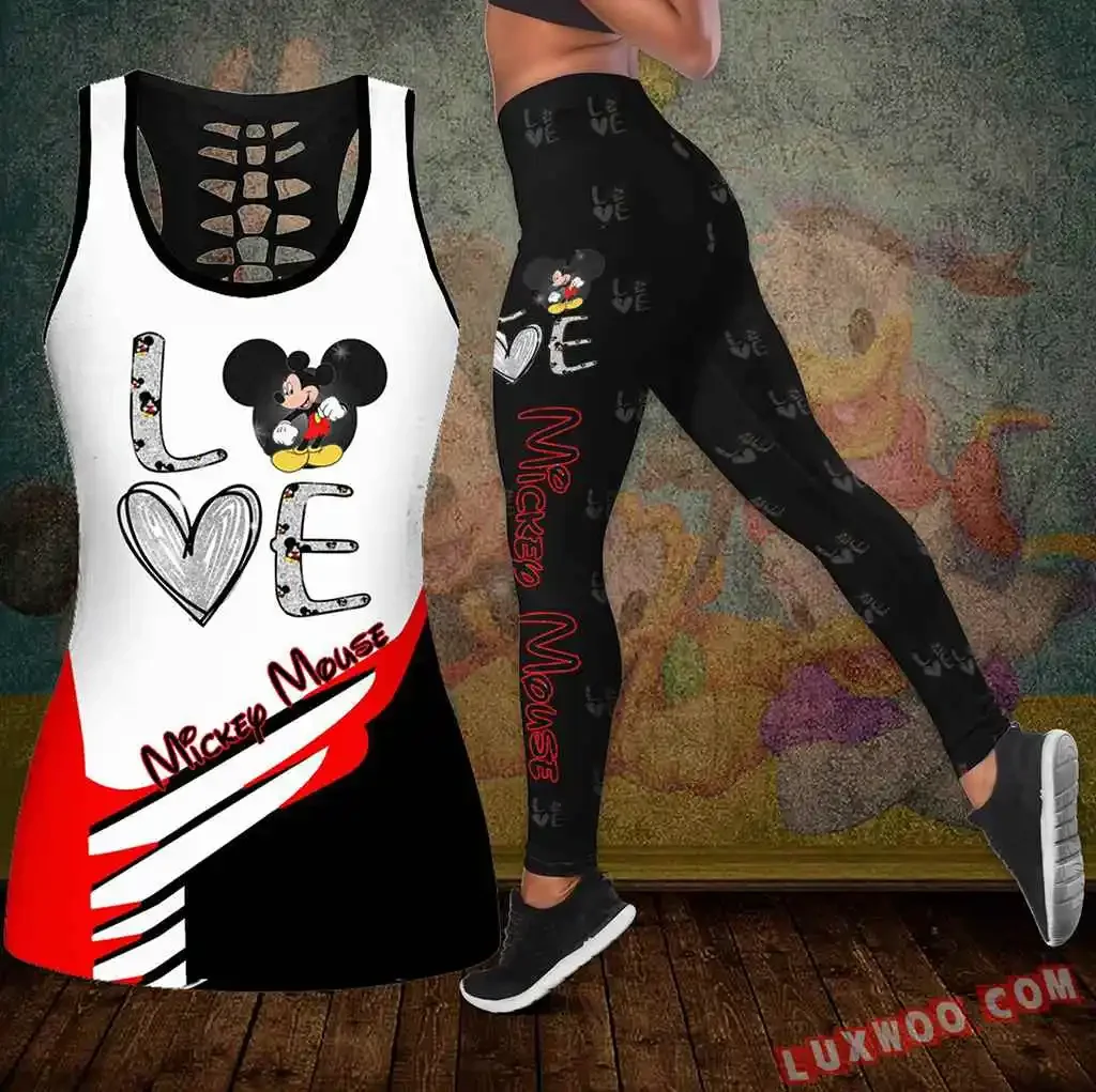 

New Mickey Mouse Women's Hollow Vest + Womens Leggings Yoga Suit Fitness Leggings Sports Suit Disney Tank Top Legging Set Outfit