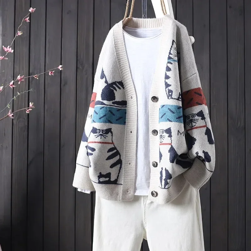 Women\'S Knit Print Cardigans Patchwork Autumn Winter Button Patchwork Long Sleeve Knitted Top Loose Oversized Sweater Coat