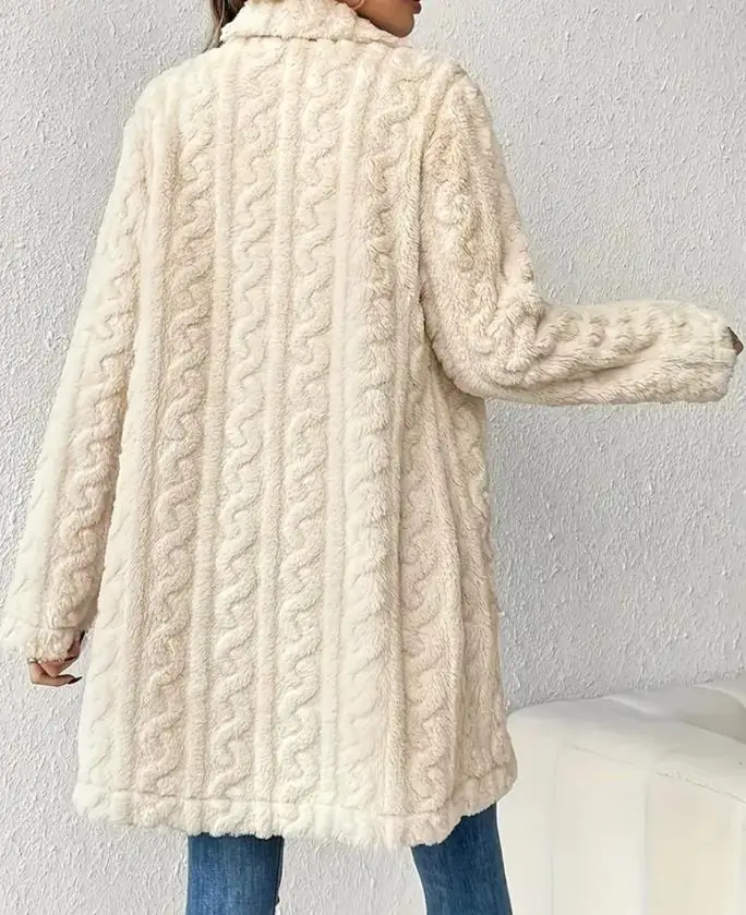 

Women's Jacket 2025 Spring Autumn New Solid Color Cable Textured Lapel Neck Double Breasted Fleece Casual Longline Teddy Coat