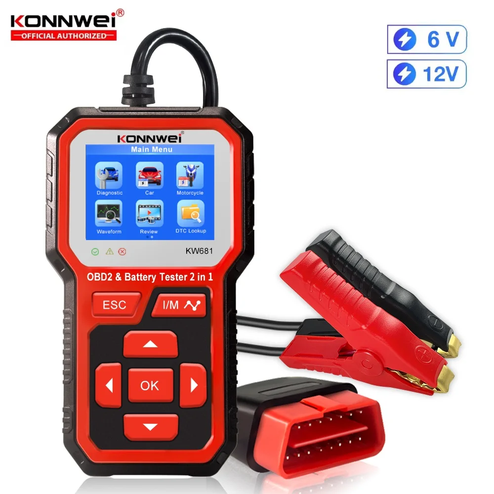 

[2 В 1] Диагностический сканер KONNWEI KW681 OBD2 2026 года + тестер автомобильных и мотоциклетных аккумуляторов 6В/12В, поддержка 9 языков