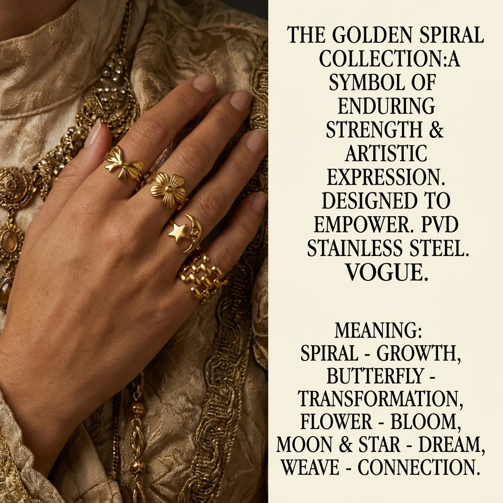 5-teiliges Vintage-Set mit Blatt-Textur Edelstahl-Ringe in Goldton für Frauen, Stapelbare Boho-Statement-Ringe für den Alltag, Eleganter Natur-Schmuck – Detail 3