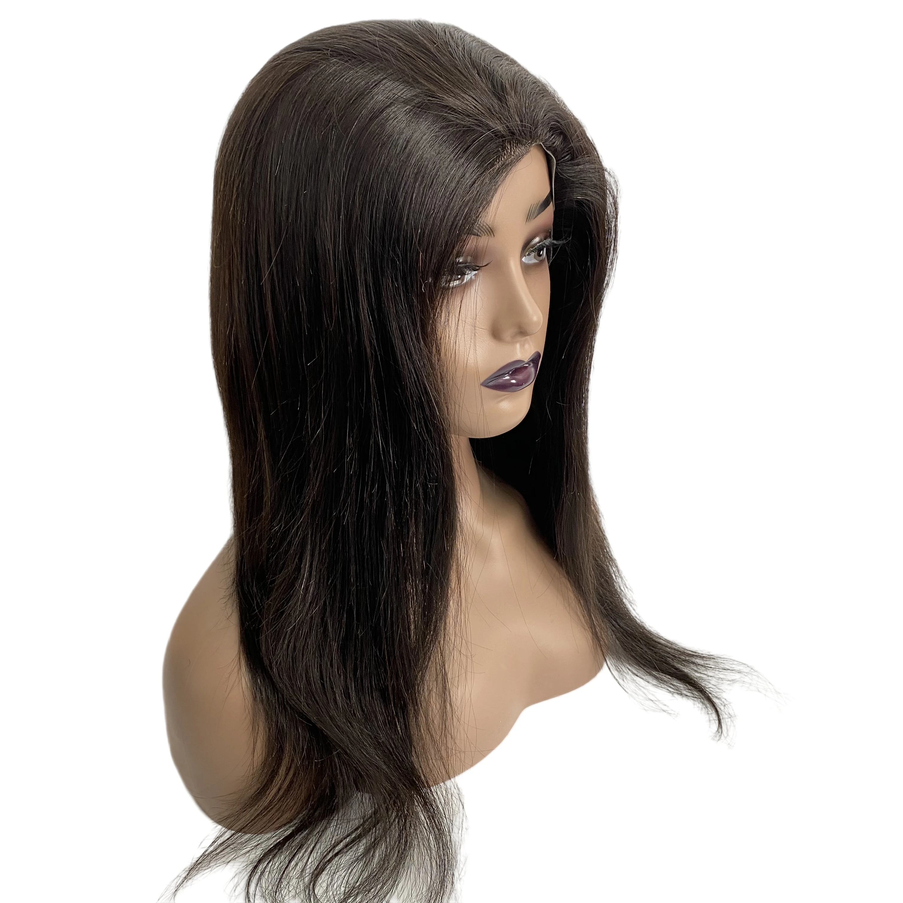 Peruca PU completa para mulheres negras, cabelo humano virgem brasileiro, liso sedoso, cor natural, unidade de pele fina, densidade de 130%