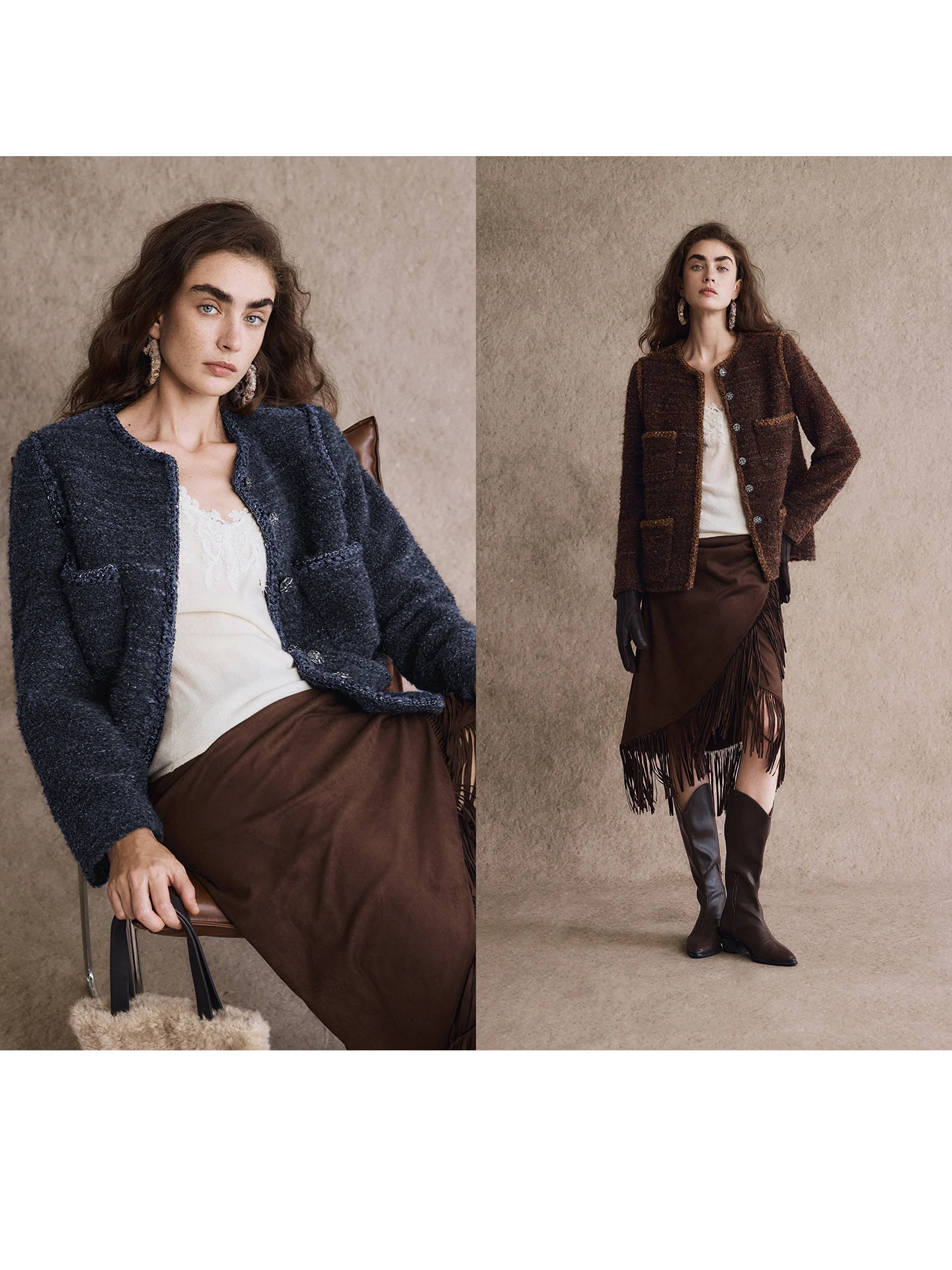 

Soft Tassel Woolen Coat Cloud Pattern 2 Colors Fene Straight Cut Long Sve round Ne Outerwear for Women WT0879