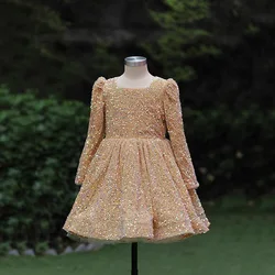 Children's Dress 2023 New Golden Princess Dress Sequin Little Girl First Birthday Party Piano Evening Dress Autumn And Winter