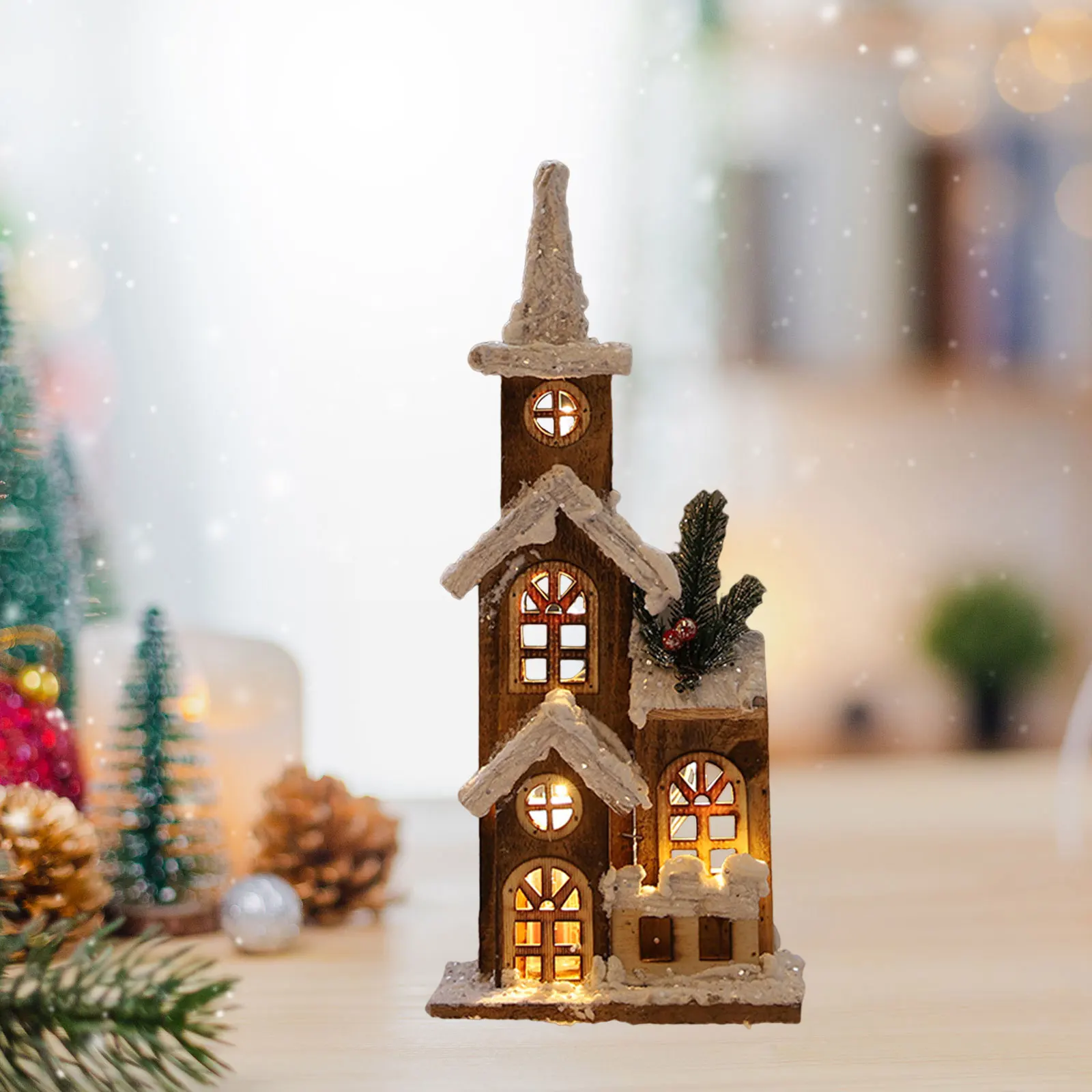 Christmas LED Wooden House Christmas Town Scene Figurines Ornaments Christmas Decoration for Xmas Party Festival Holiday Winter