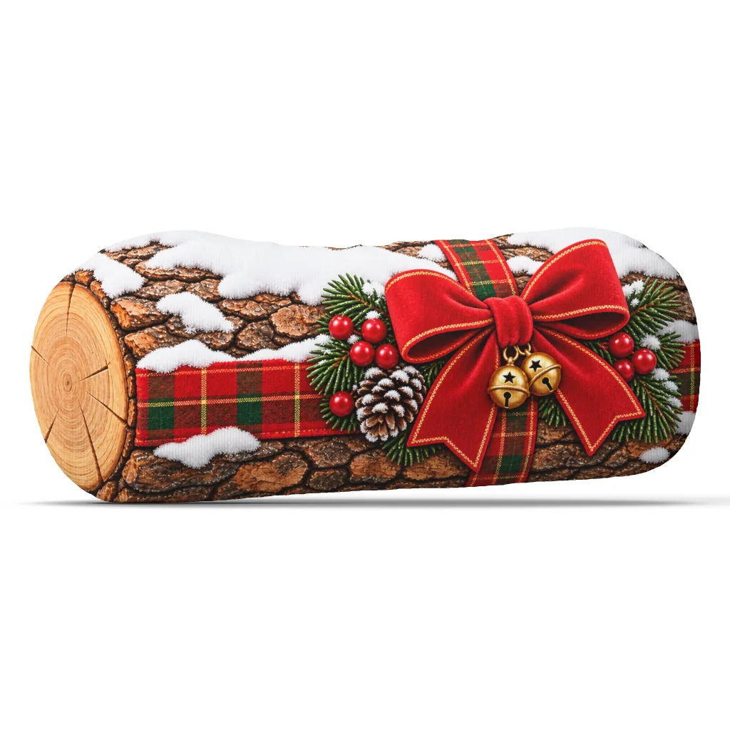 Christmas Yule Log Pillow Rustic Winter Woodland Cushion with Red Bow Irregular Stuffed Throw Pillow Holiday Sofa Decor Gift