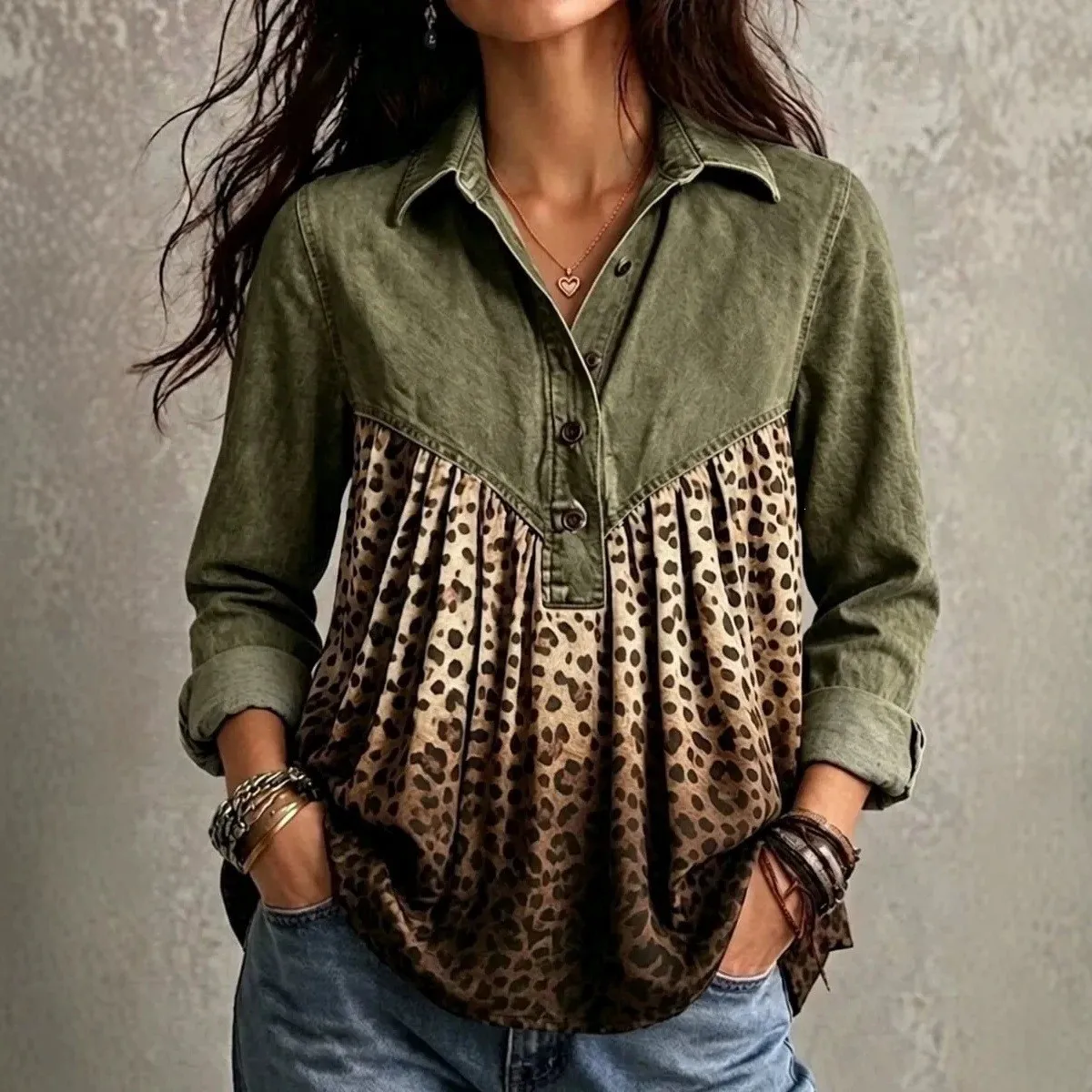 Casual Leopard Print Top with Patchwork 3d Effect Pattern Regular Fit Slightly Stretchy Long Sleeves Shirt Collar Tops for Women