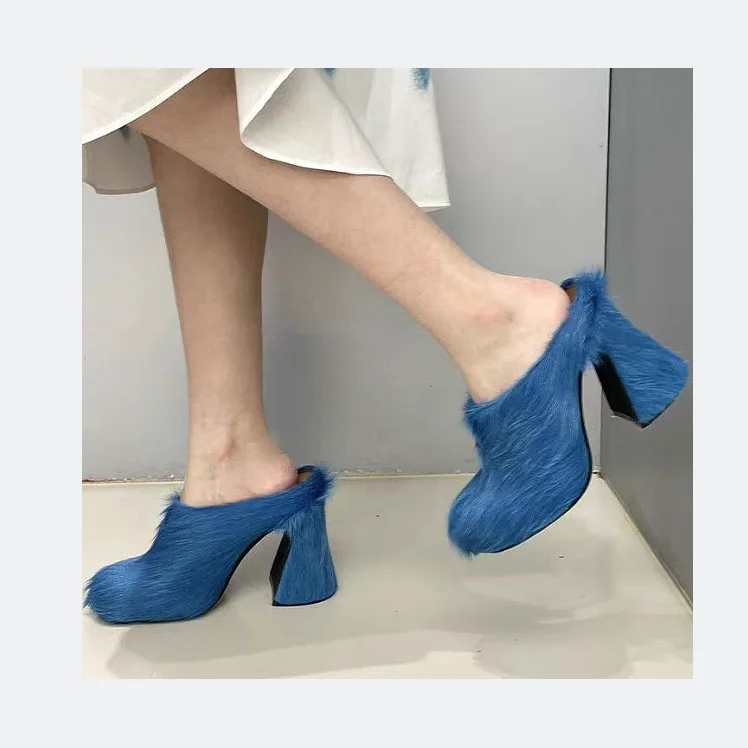 Horsehair Platform Mules Block Heels Square Toe Slip On Fashion Women Summer Unique Slippers Colorful Dress Casual Rubber Shoes