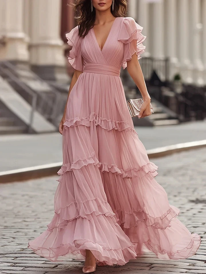 Fashion V-neck Ruffles Evening Dress Elegant Lady Short Sleeve High Waist Chiffon Dresses Casual Solid Simple Party Maxi Dresses