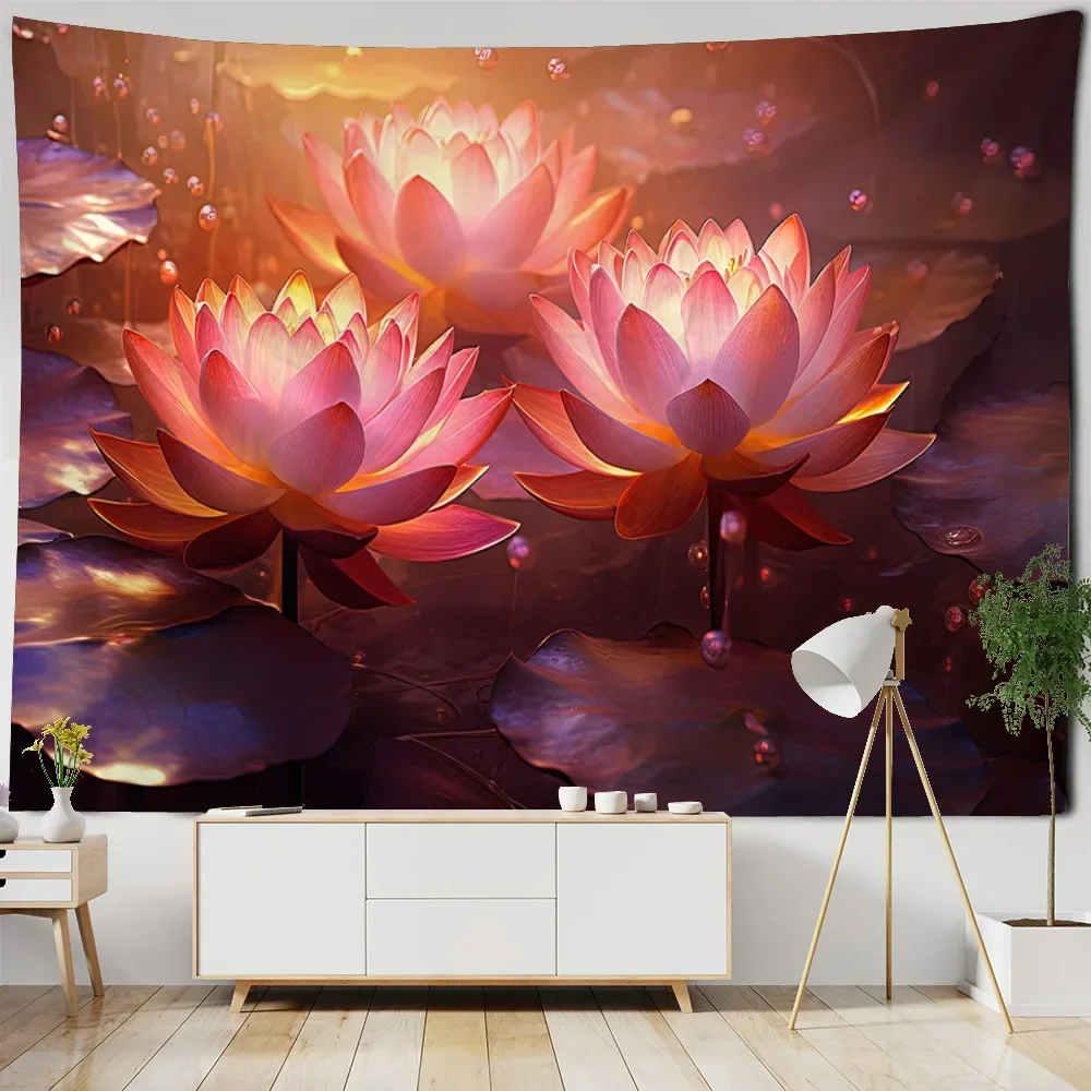 Beautiful Lotus tapestry landscape wall hanging cloth, dreamy hippie home wall decoration poster office and living room tapestry