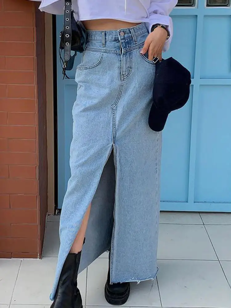 

GUUZYUVIZ Casual Botton Split Denim Skirts Female Sping Summer Vintage Long Skirt Ladies High Waisted Pocket Jeans Skirt