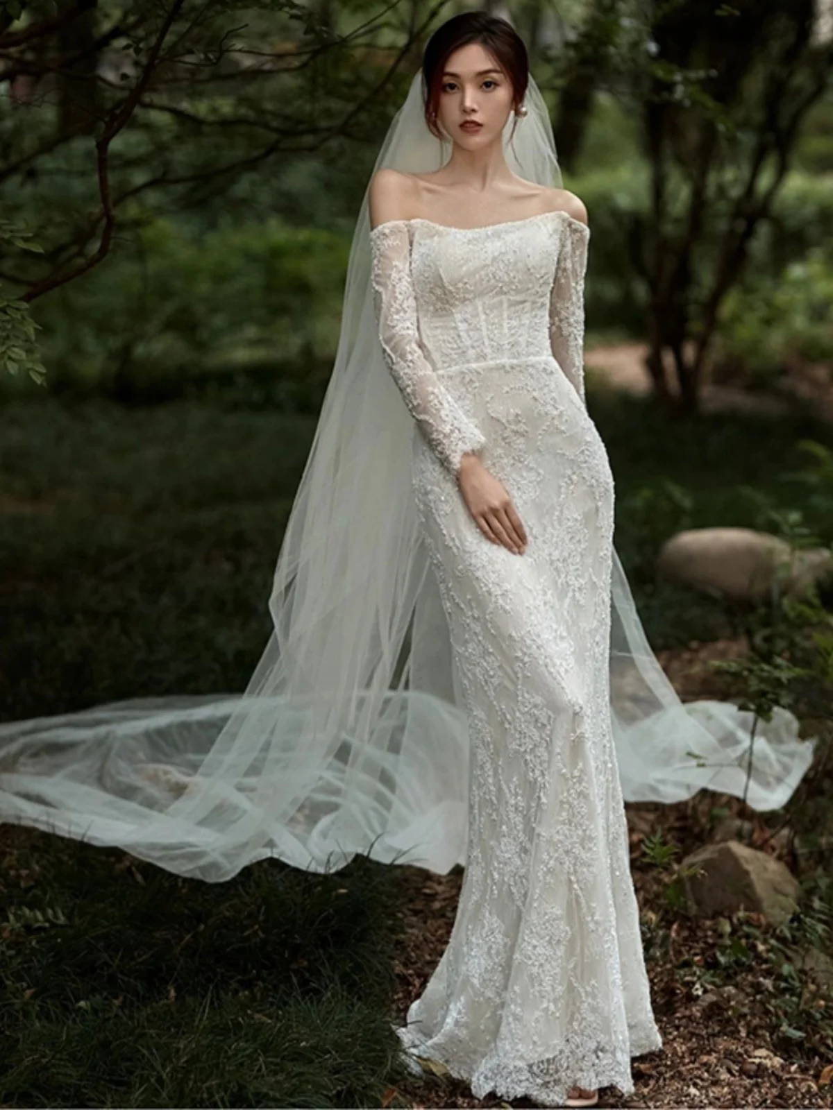 Ele dentelle longue Sve une oule lumière mariage Dr luxe Fi queue robe pour la photographie extérieure saison de printemps