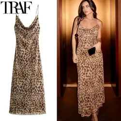 TRAF Leopard Print Long Dresses Sleeveless Slip Tulle Dress Woman Vintage Backless Party Dresses Summer Sexy Mesh Midi Dress