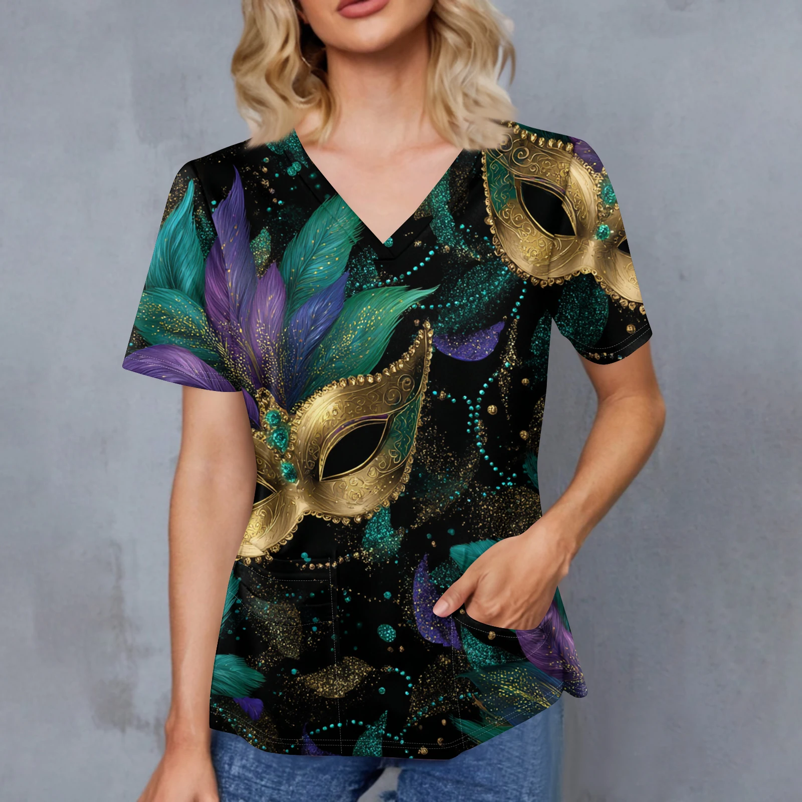 

Carnival Nurse Uniforms Four Season Women Pullover Print V-Neck Double Pocket Short Sleeve Slit Hem Nurse Uniform Caregiver Top