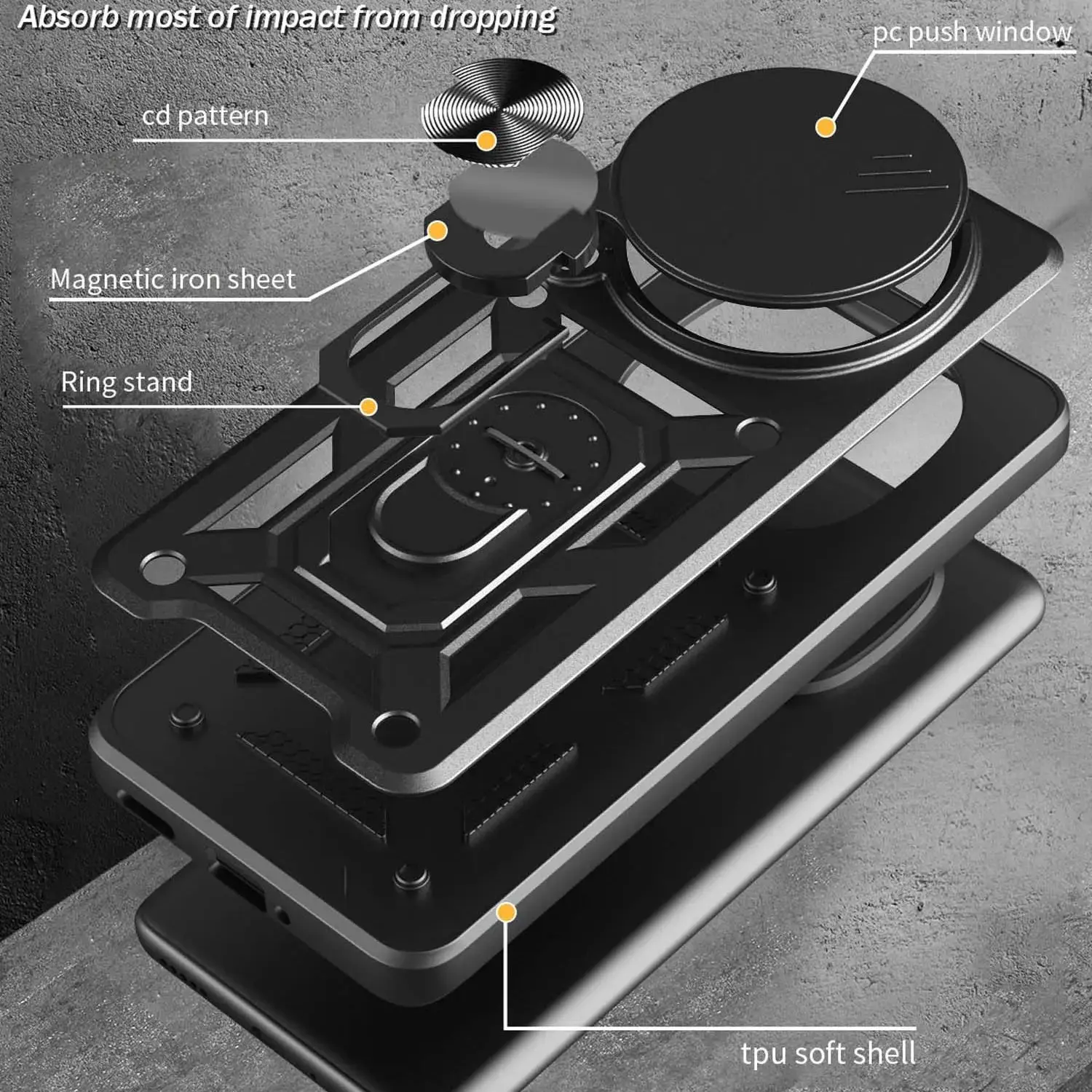 Redmi Note 14 13 Pro Plus 14 13 Pro 4G 5G 14s用アーマーリングホルダー付きスマホケース、背面カメラ保護カバー付き