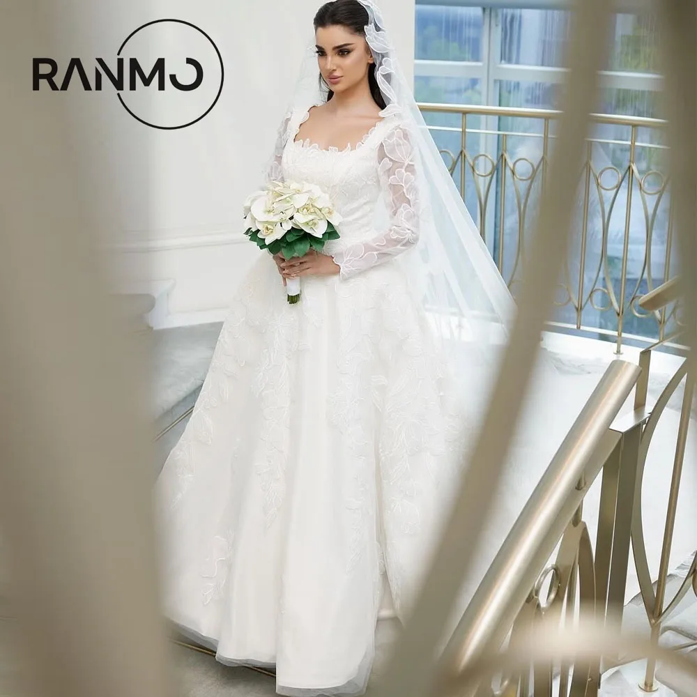 

Ranmo современное арабское кружевное свадебное платье трапециевидной формы со складками и квадратным воротником цвета слоновой кости с длинными рукавами свадебное платье Vestido De Noiva