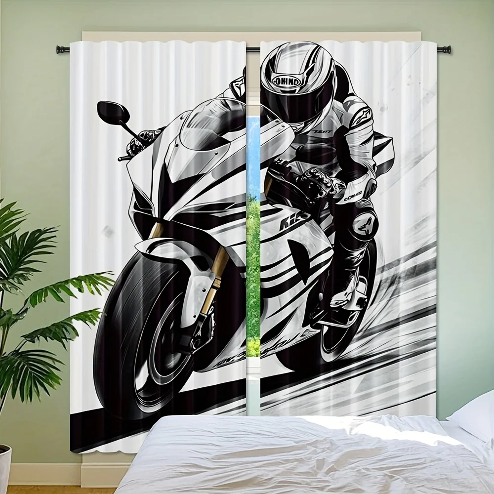 Motorcycle Racing Curtains Black and White Sport Bike Art Print Window Drapes Speed Theme Home Decor Living Room Bedroom Man