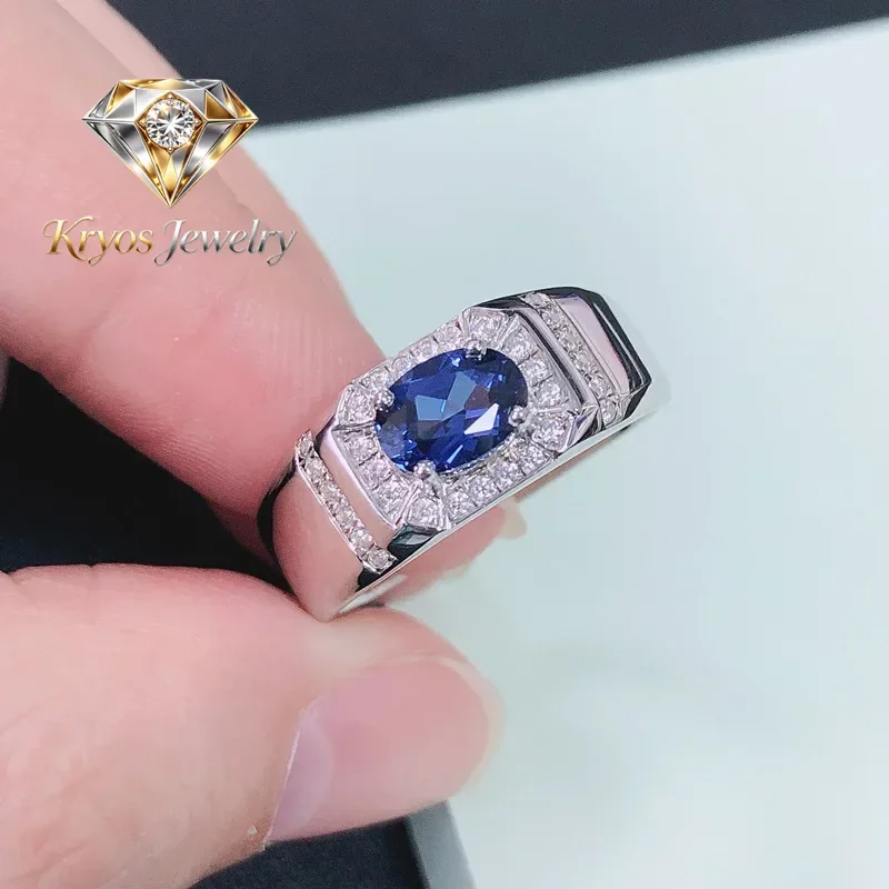 

Kryos Jewelry Luxury Solid Platinum PT950 Men's Egg Shaped Sapphire Four Claw Ring Men's 1 Carat Diamond Ring