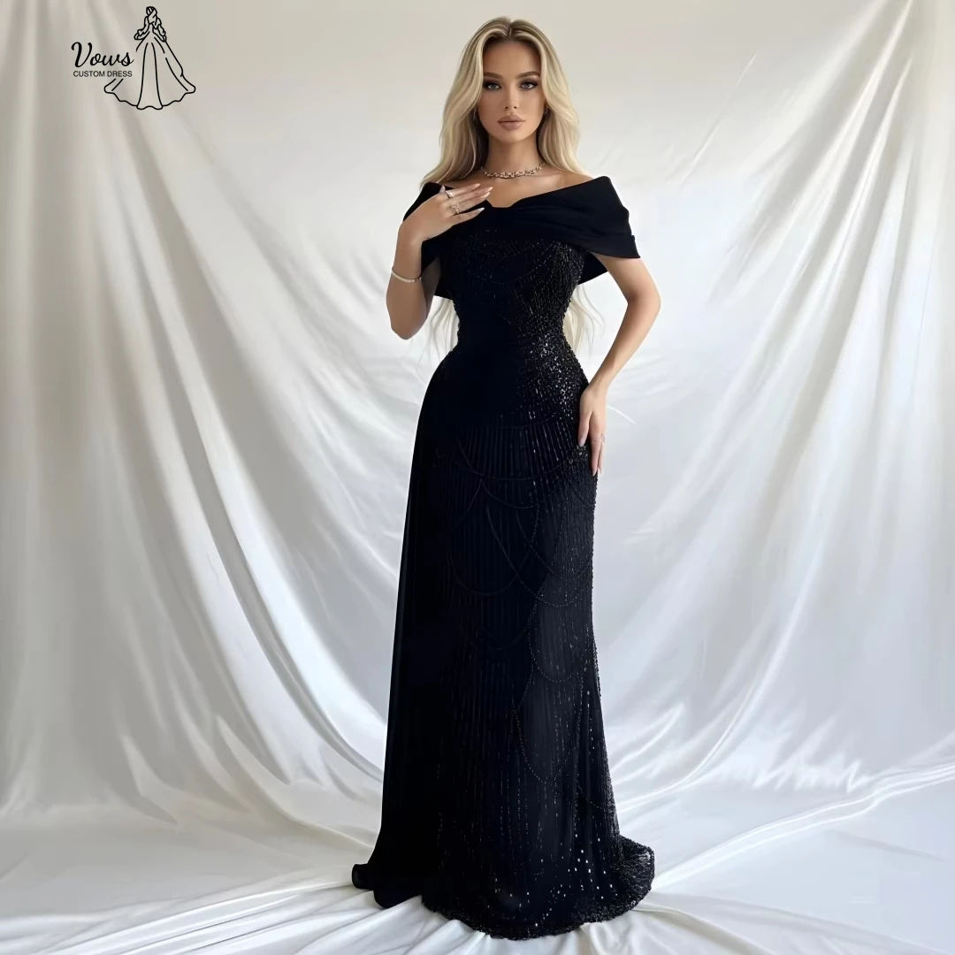 

Vows Line A Chic Evening Dress Luxury 2025 Custom Made Black Card Shoulder Elegant Party Dresses 2025 Woman Sequins Robe Soiree