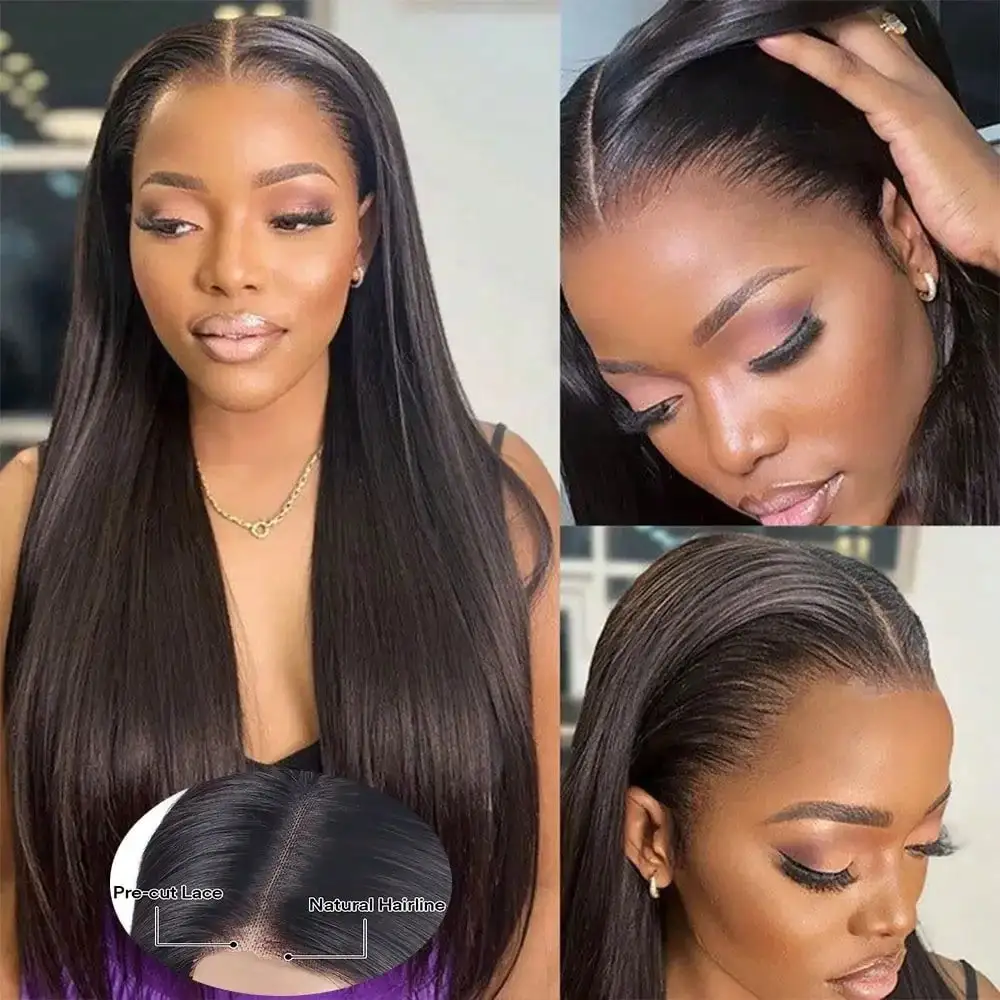 Pre Cut No Glue Ready to Wear 40 Inch 13x4 HD Lace Frontal Bone Straight Glueless Wig  Human Hair for Women image 4